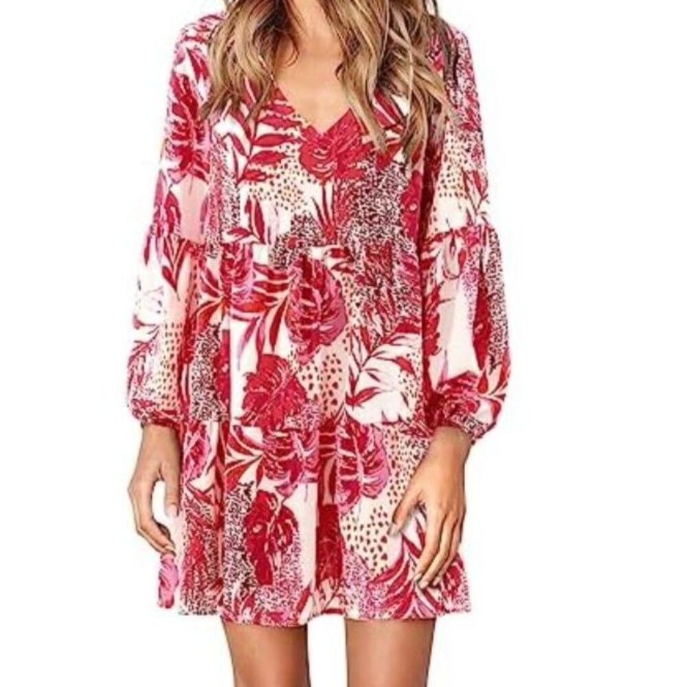 Women's Size Small Tunic Dress V Neck Casual Loose Flowy L / S Swing Dress, NEW - Picture 2 of 13